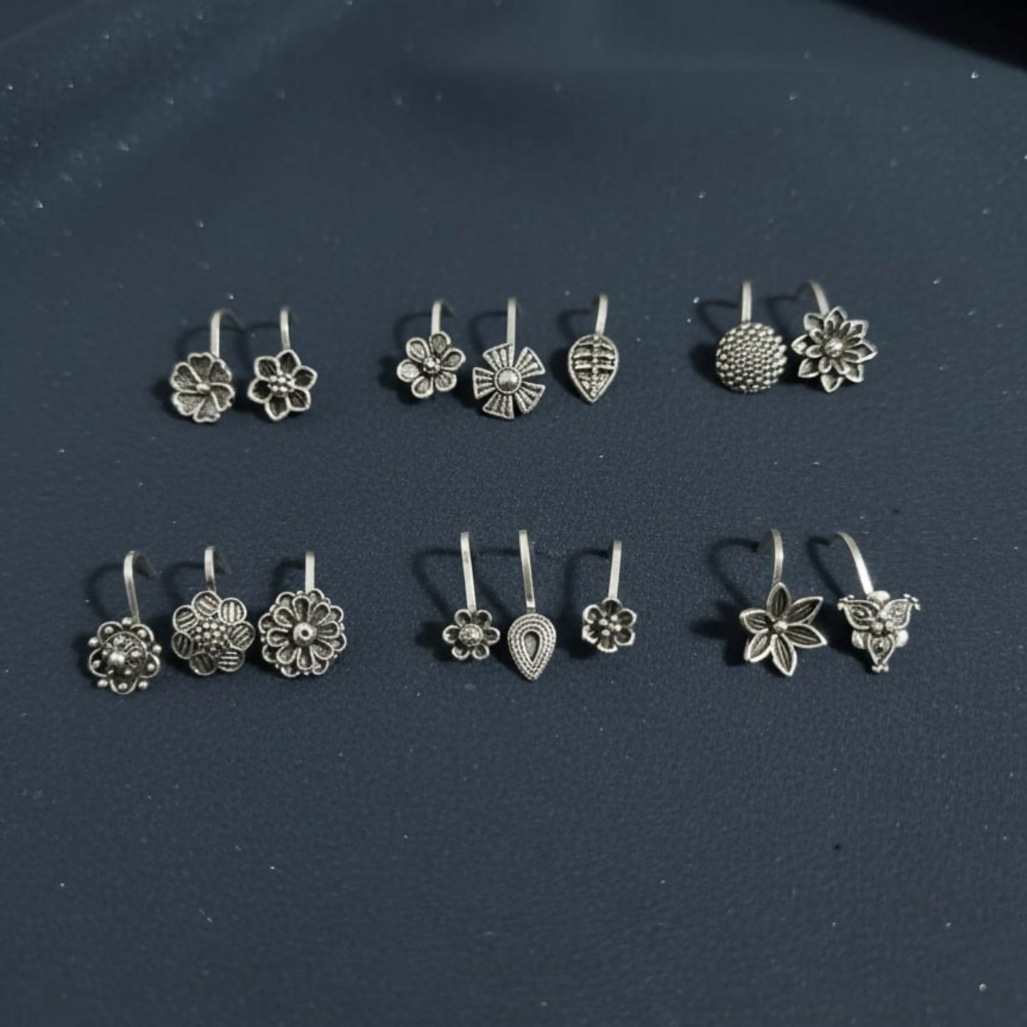 Oxidized Silver Traditional Floral Nose Pins Combo for Women & Girls (Pack of 15)