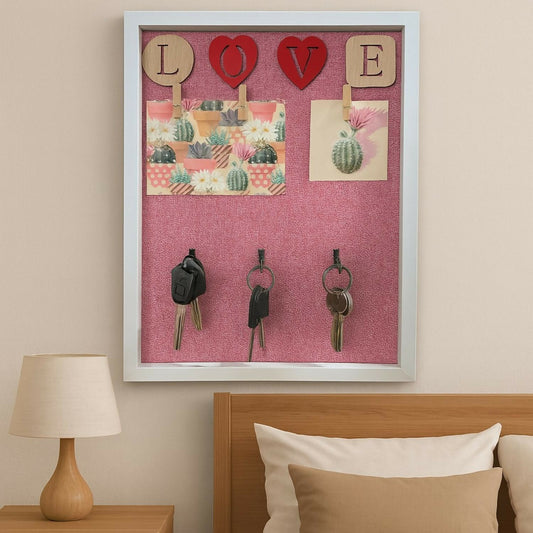 Decorative Wooden Wall Hanging Key Holder with 3 Hooks, Love Lettering & Cactus Print – Stylish Wall Organizer for Home, Bedroom & Living Room – Modern Wall Décor Key Hanger Frame (Pink, White Frame)