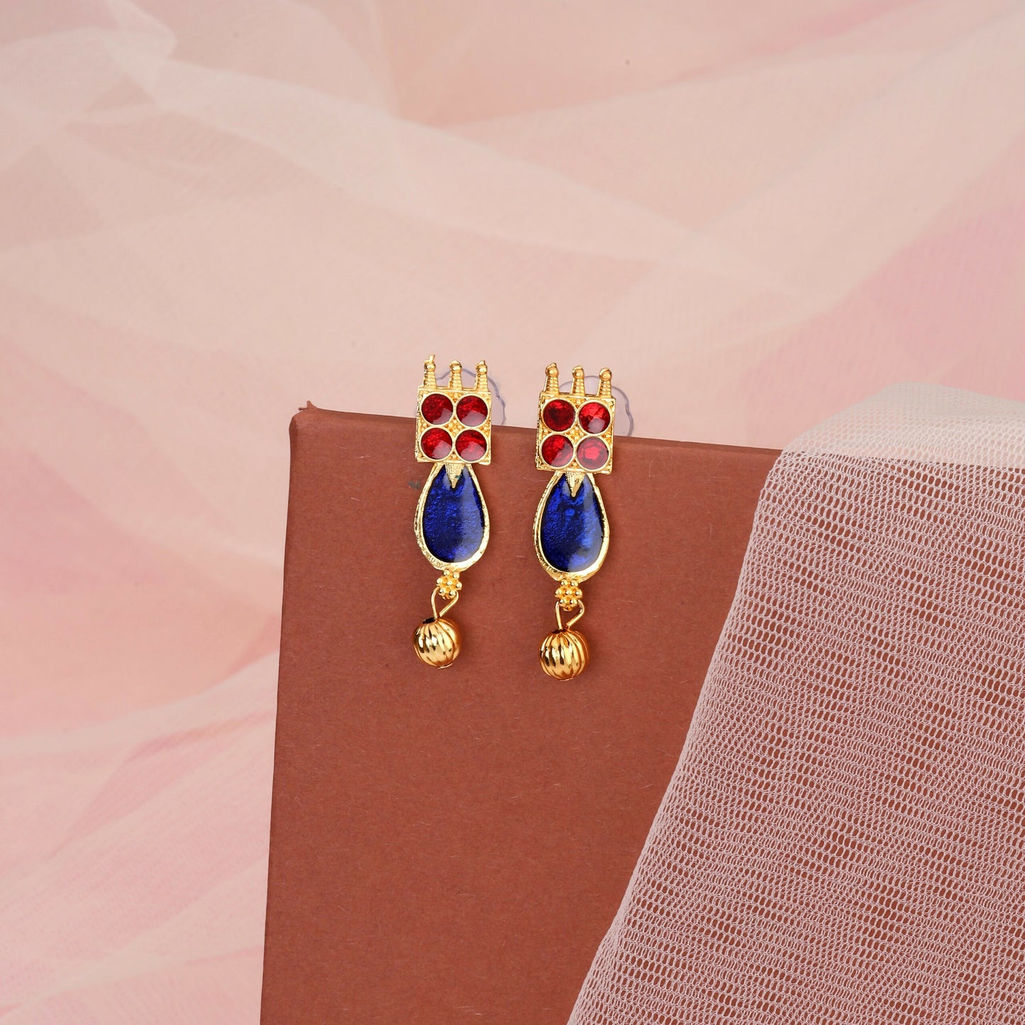 Traditional Gold-Tone Blue-Maroon Enameled Lotus Choker Set