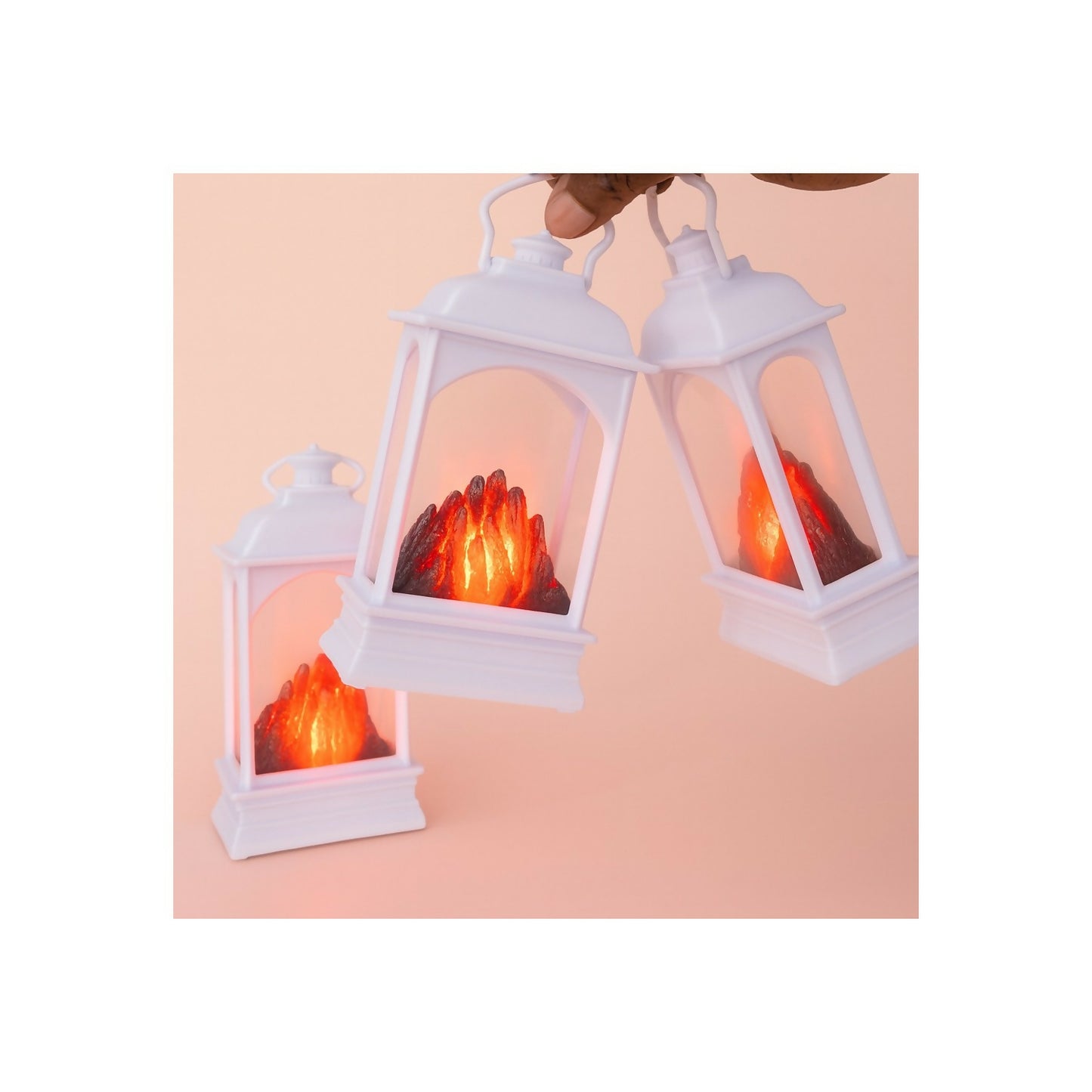 Decorative White LED Lantern with Simulated Fire Flame Effect | Battery Operated Flameless Lantern Light for Home Décor, Living Room, Bedroom, Garden, Diwali, Christmas & Gifting – Set of 3