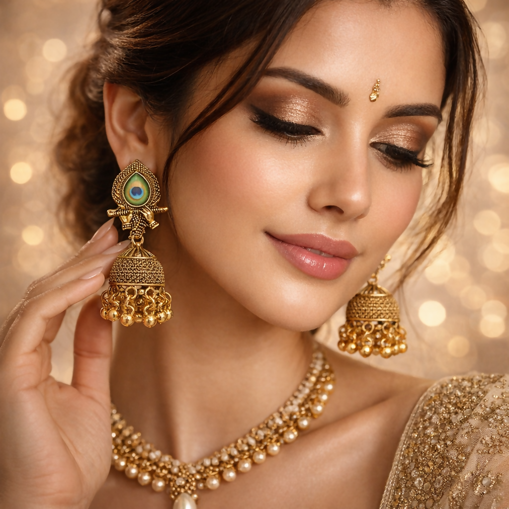 Traditional Elegant Oxidised Gold Plated Peacock Design Jhumka Earrings for Women