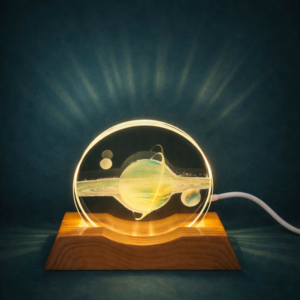 Saturn Planet 3D Acrylic LED Night Lamp with Wooden Base for Home Decor