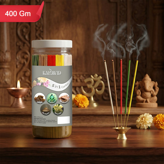 Premium Agarbatti 5 In 1 Combo with Gugal, Diamond, Sandalwood, Masalakashi, Kewada Fragrances for Long Lasting Aroma (400 Gm)