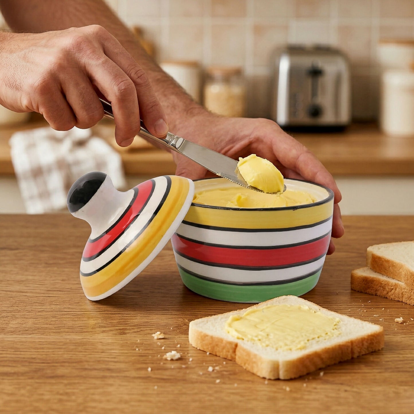 Close-up of colorful striped design on the ceramic butter pot