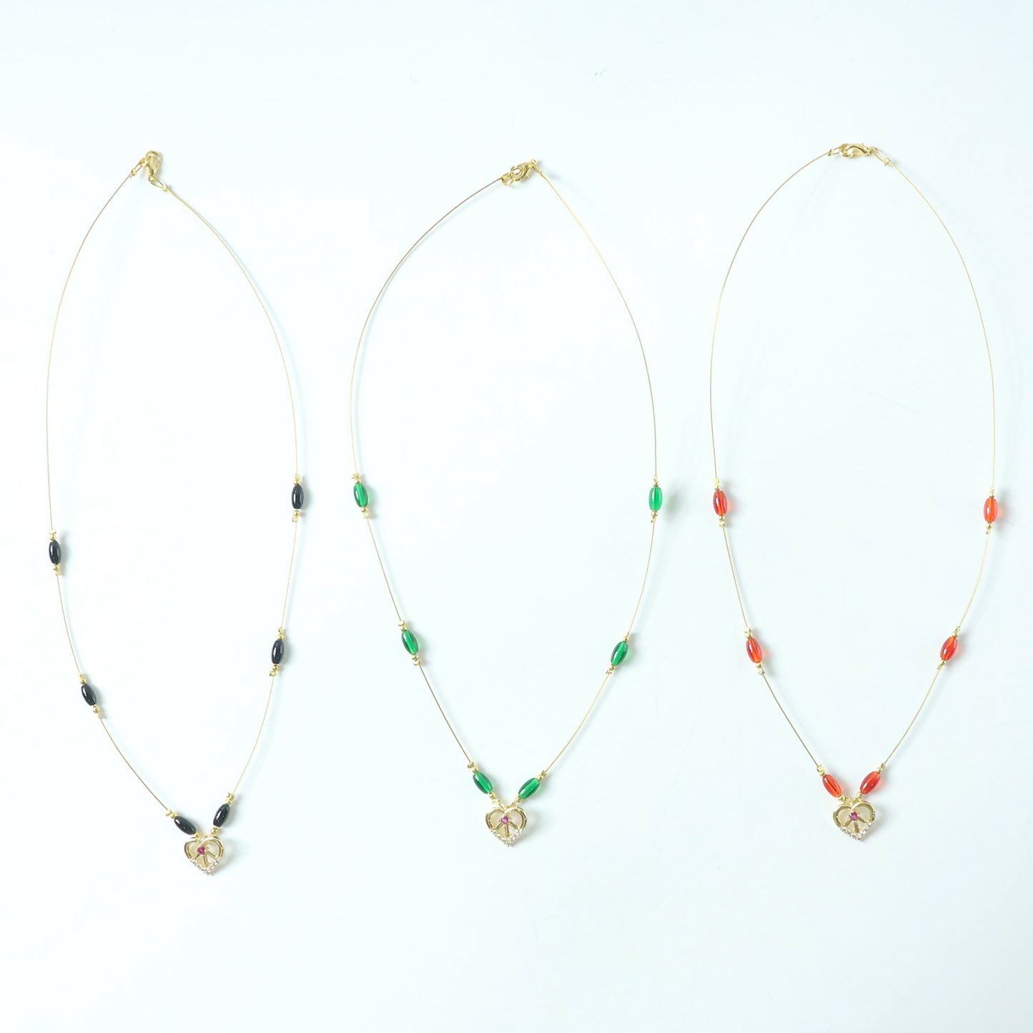Heart Pendant Necklace with Tricolor Beads and Ruby Accent (3Pc/Set)