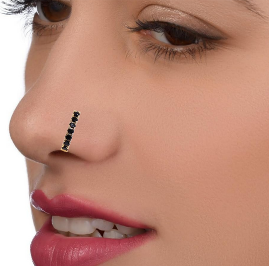 Black Crystal Line Nose Ring | Indian Style Gold Bar Nose Stud Combo Pack of 2