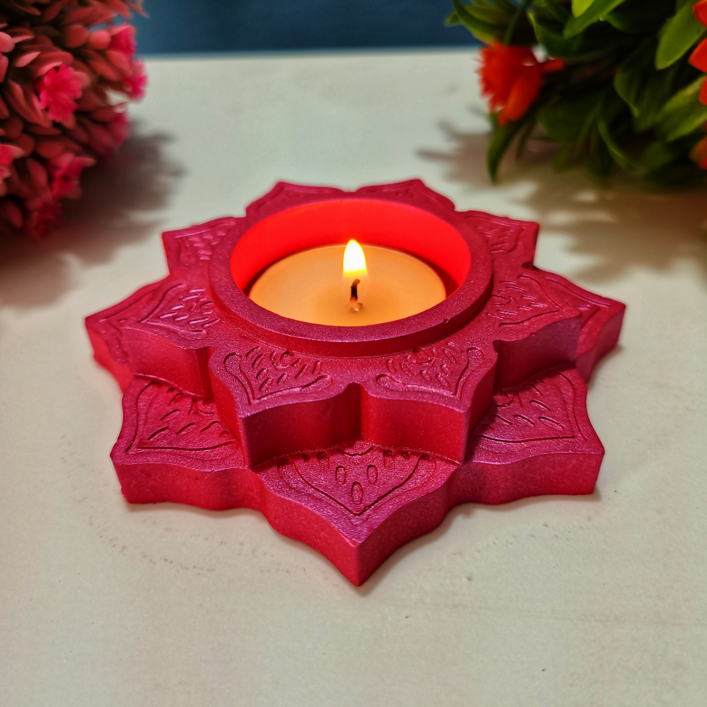 Handmade Lotus Diya – Metallic Pink Tealight Holder | Traditional Candle Holder for Diwali, Pooja, Meditation & Home Décor | Festival Gift Item