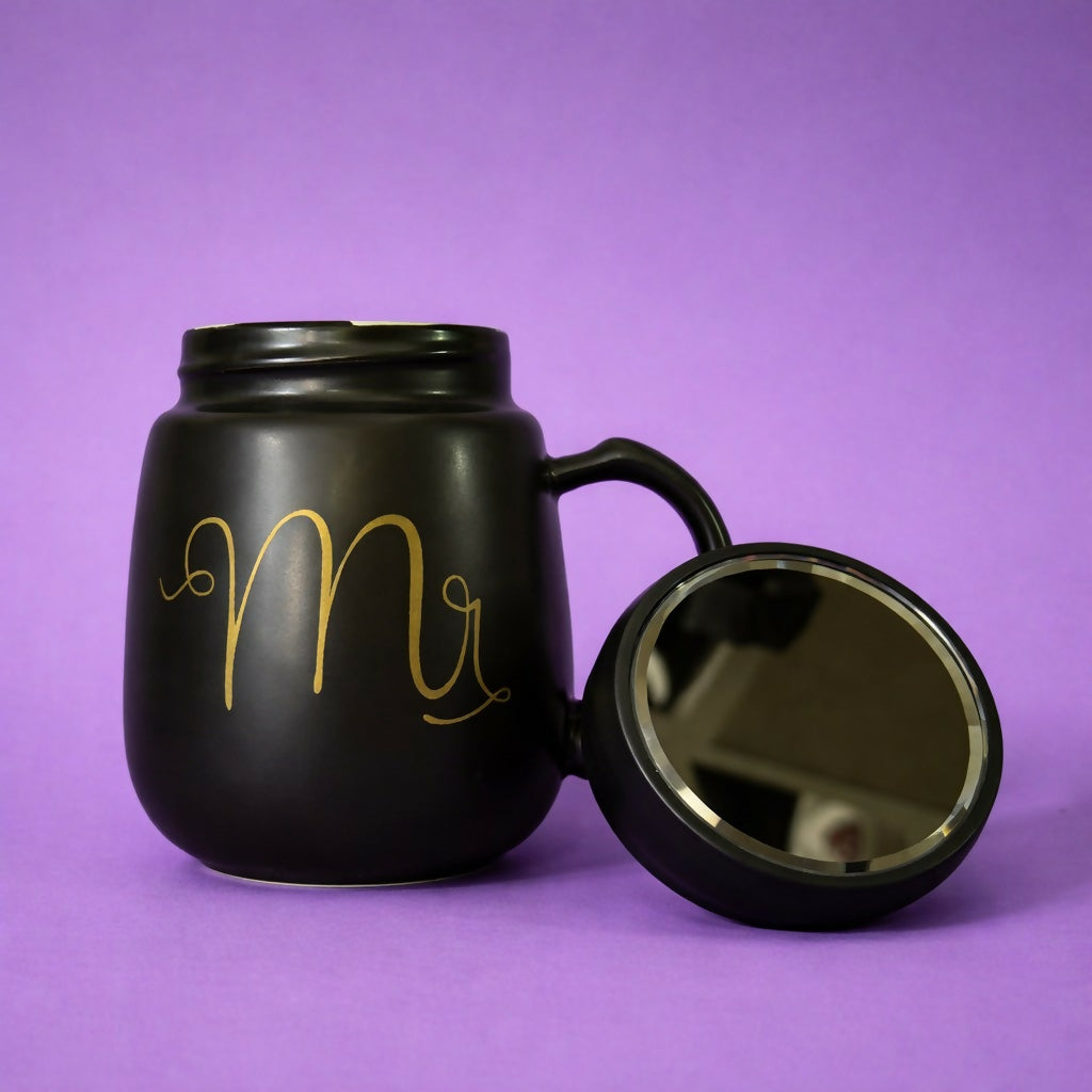 Mr Printed Ceramic Coffee Mug with Lid, Stylish Tea Cup