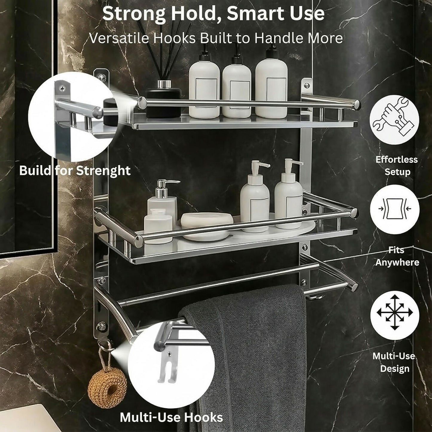 Multipurpose Wall Mounted Bathroom Shelf Organizer with Towel Bar and Storage Rack