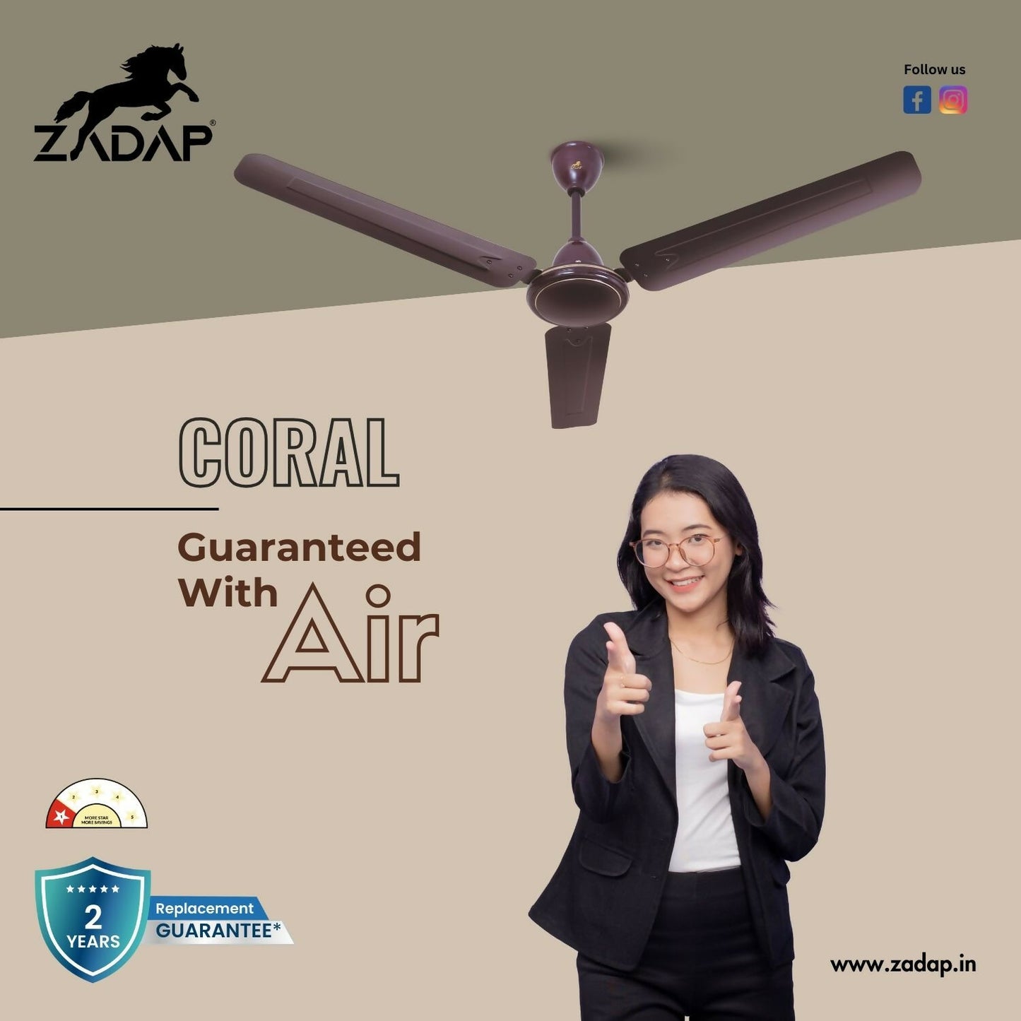 ZADAP Coral Ceiling Fan royal brown showing aerodynamic blades
