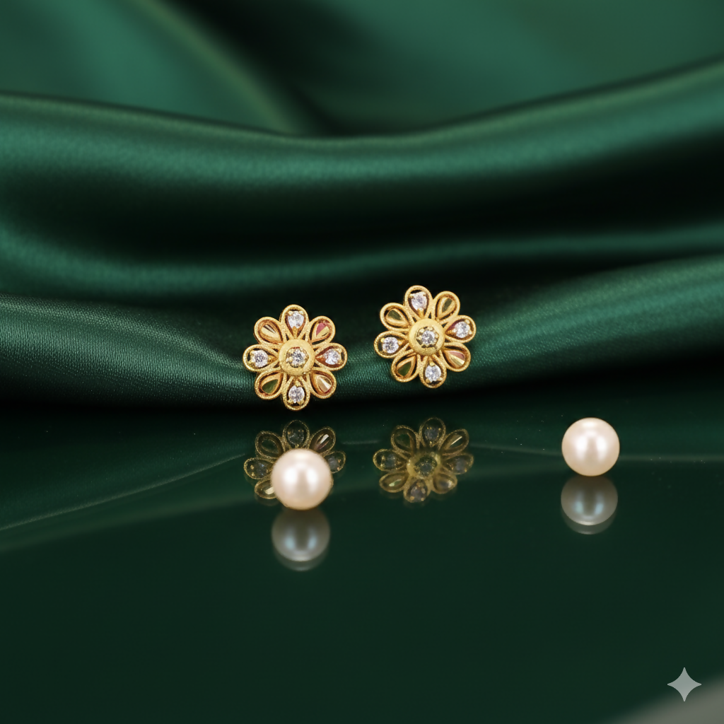 Gold Flower Stud Earrings with AD for women and girls