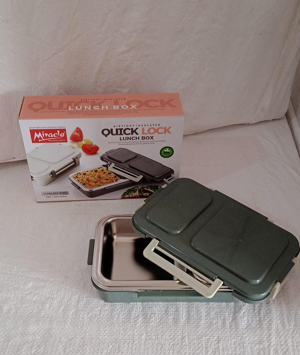 Customize Miracle Quick Lock Leak Proof 2 Compartment Stainless Steel LUNCH BOX Inner Plate Reusable Microwave Freezer Safe Lunch Box Trendy Thermal Insulation Leak Proof for Office Vacuum Tiffin Box for Boys / Girls / School / Office Women and Men