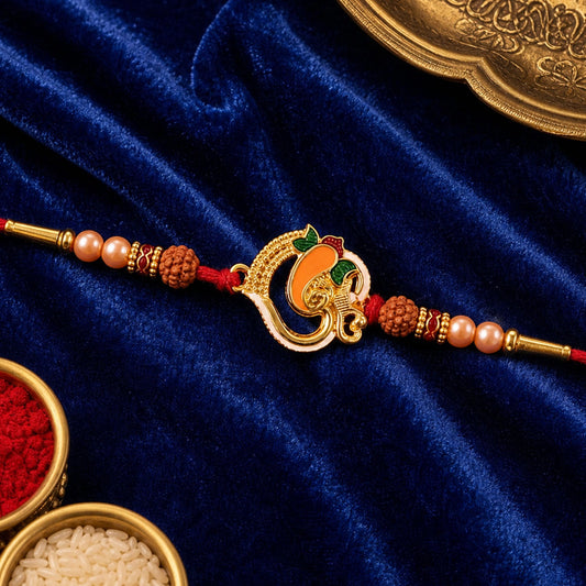 Ganesh Rakhi with Rudraksha beads, a traditional design for Raksha Bandhan.