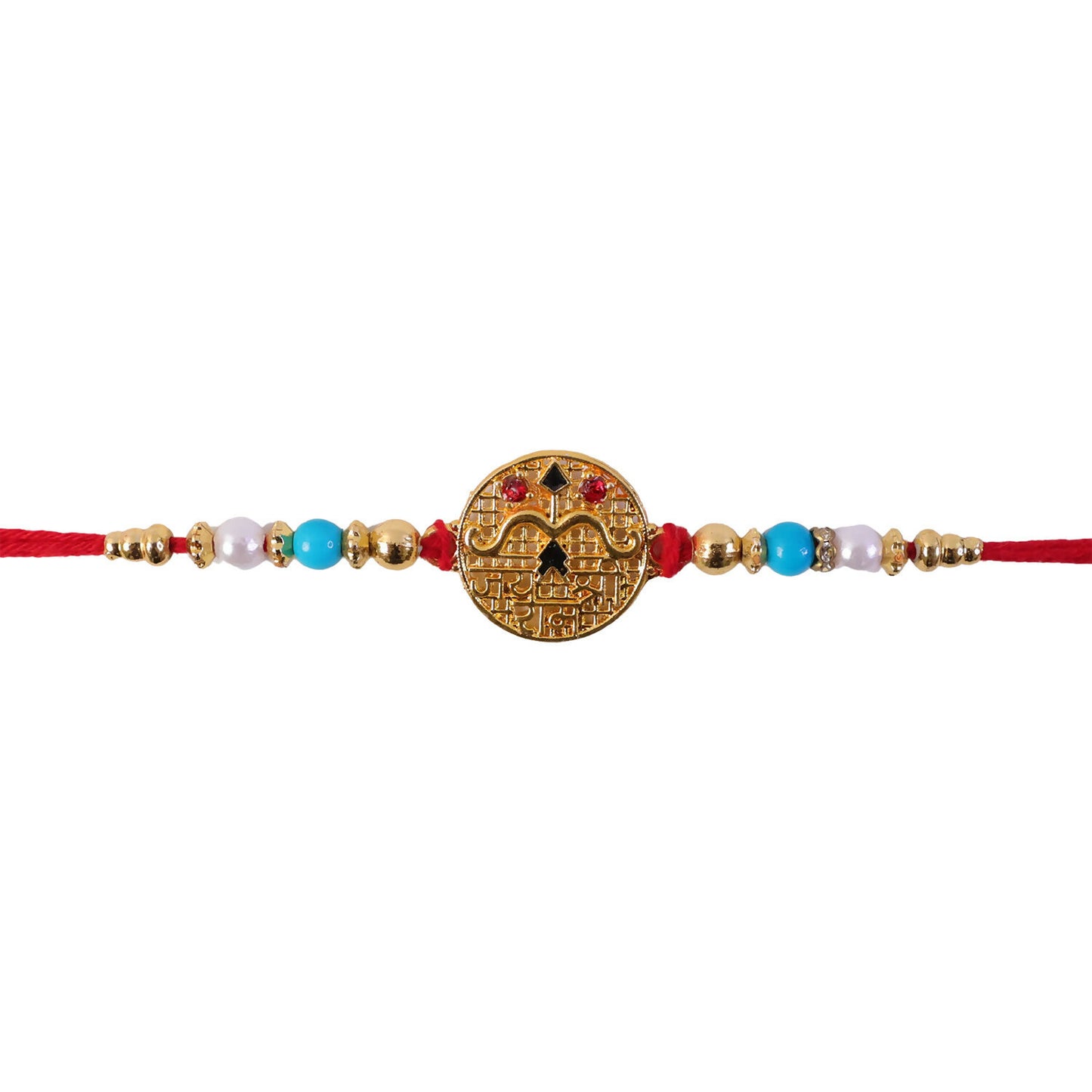 Golden Shri Ram Rakhi with detailed blue pearl work