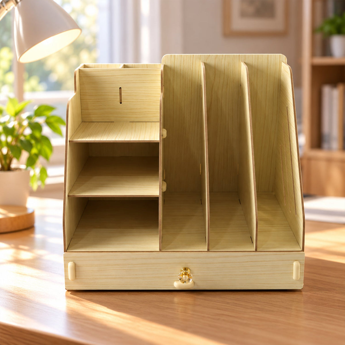 Empty light wood desk organizer with multiple shelves, vertical slots, and a small drawer with a decorative knob.