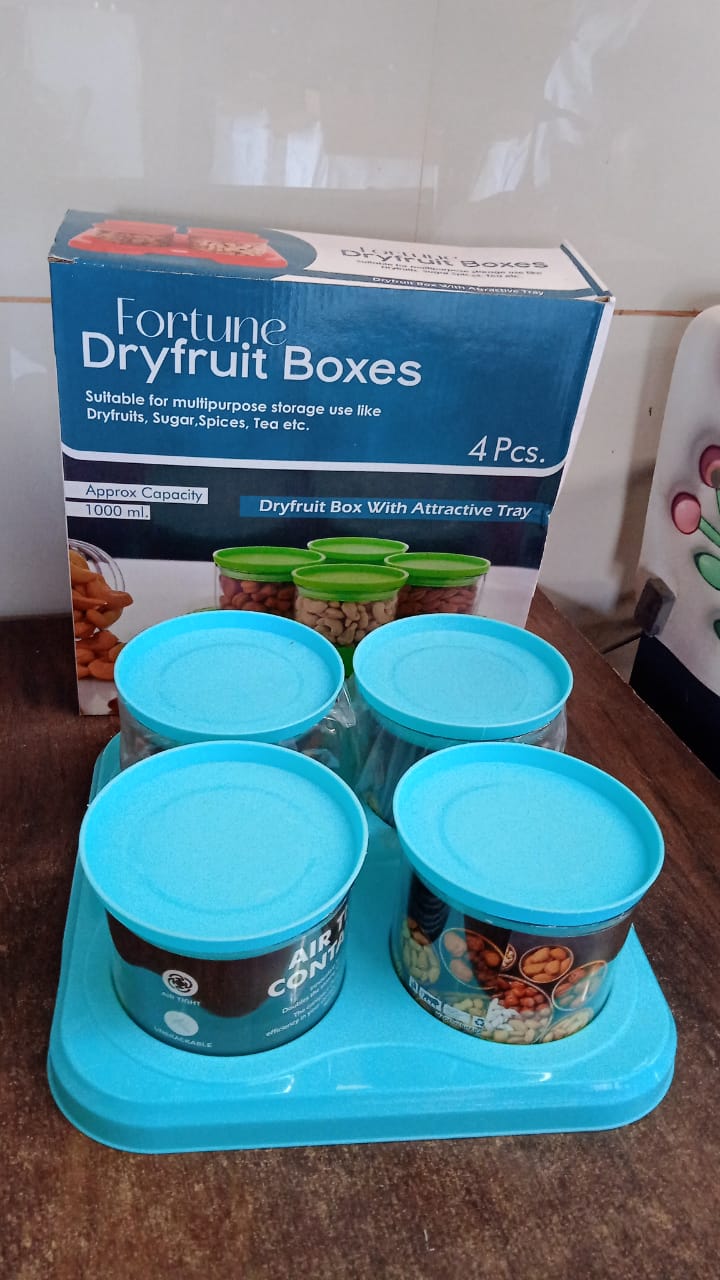 5849 એરટાઈટ કન્ટેનર જાર 4 પીસી સેટ મલ્ટીપર્પઝ સ્ટોરેજ માટે કિચન અનબ્રેકેબલ જાર સેટ માટે સ્ટાઇલિશ ટ્રે સાથે (મુખવાસ દાની)