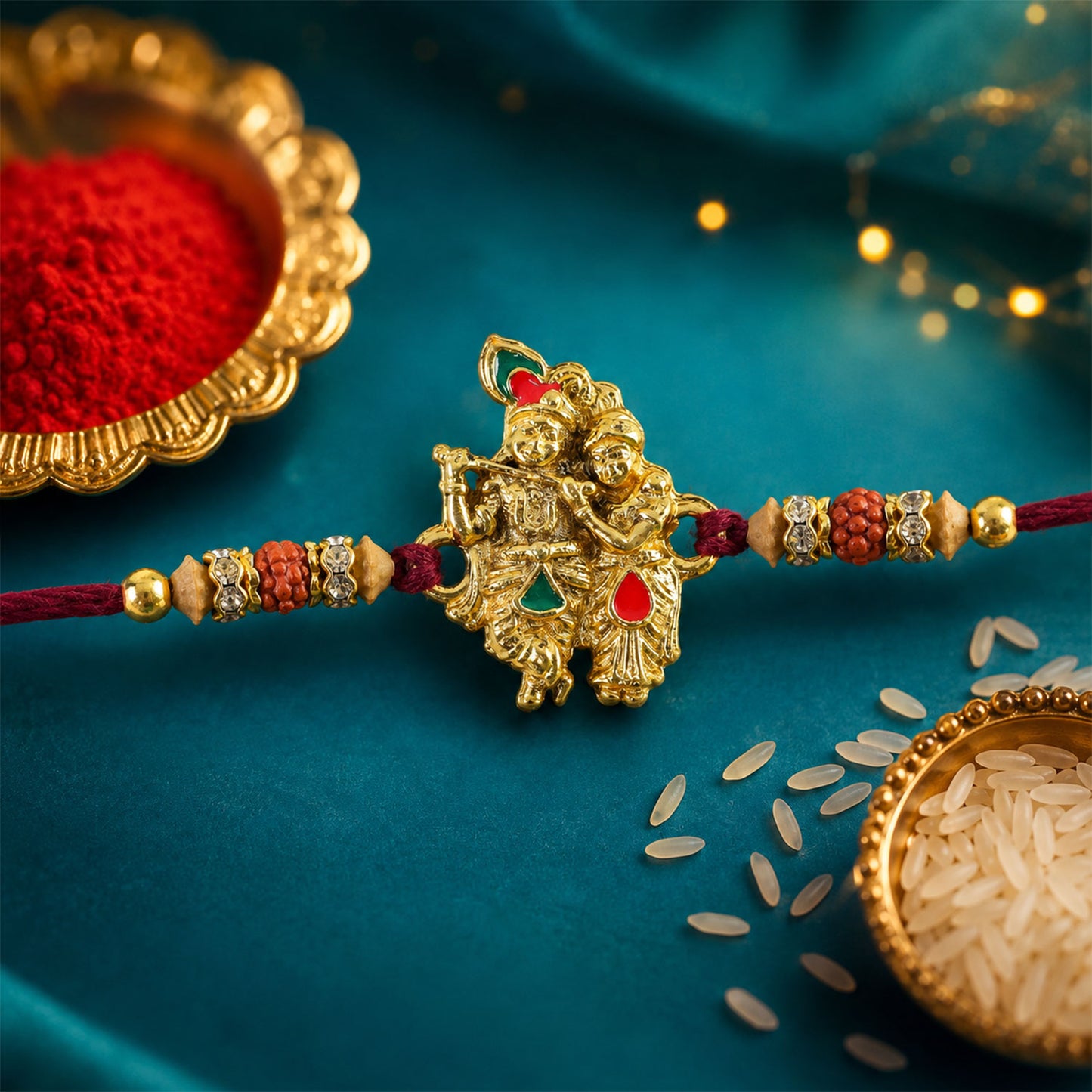 Radha Krishna Golden Devotional Rakhi with Couple Idol Centre and Color Stones