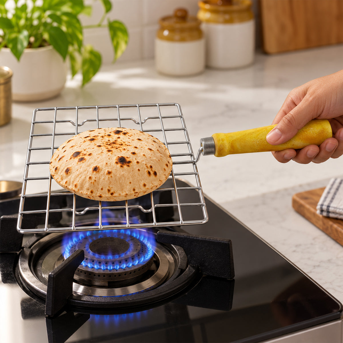 Square Wire Roti and Papad Roaster with Wooden Handle (1 Pc, Big)