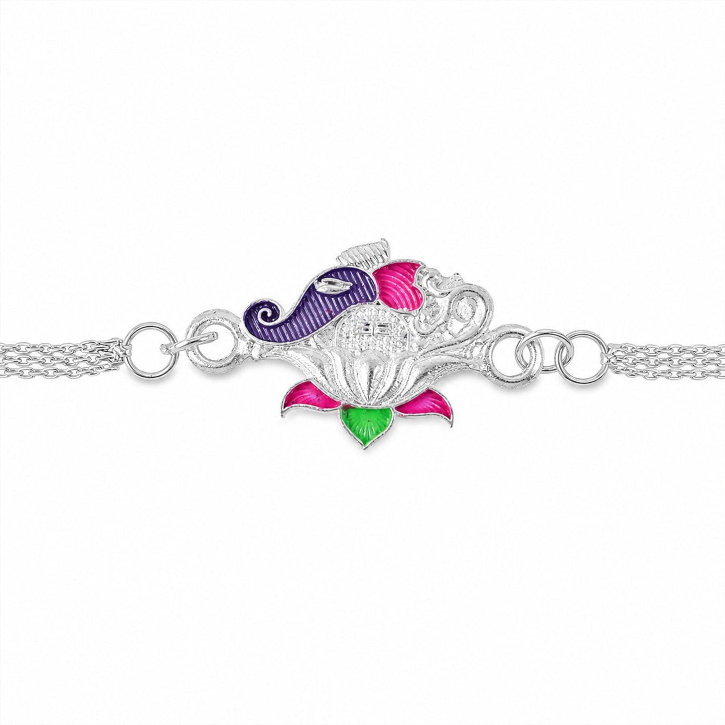 Lotus Kalgi Meenakari Silver Chain Rakhi for Brother (10pcs)