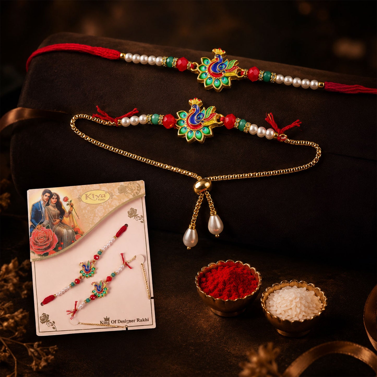 Bhaiya Bhabhi Peacock Meenakari Rakhi & Pearl Drop Lumba Combo