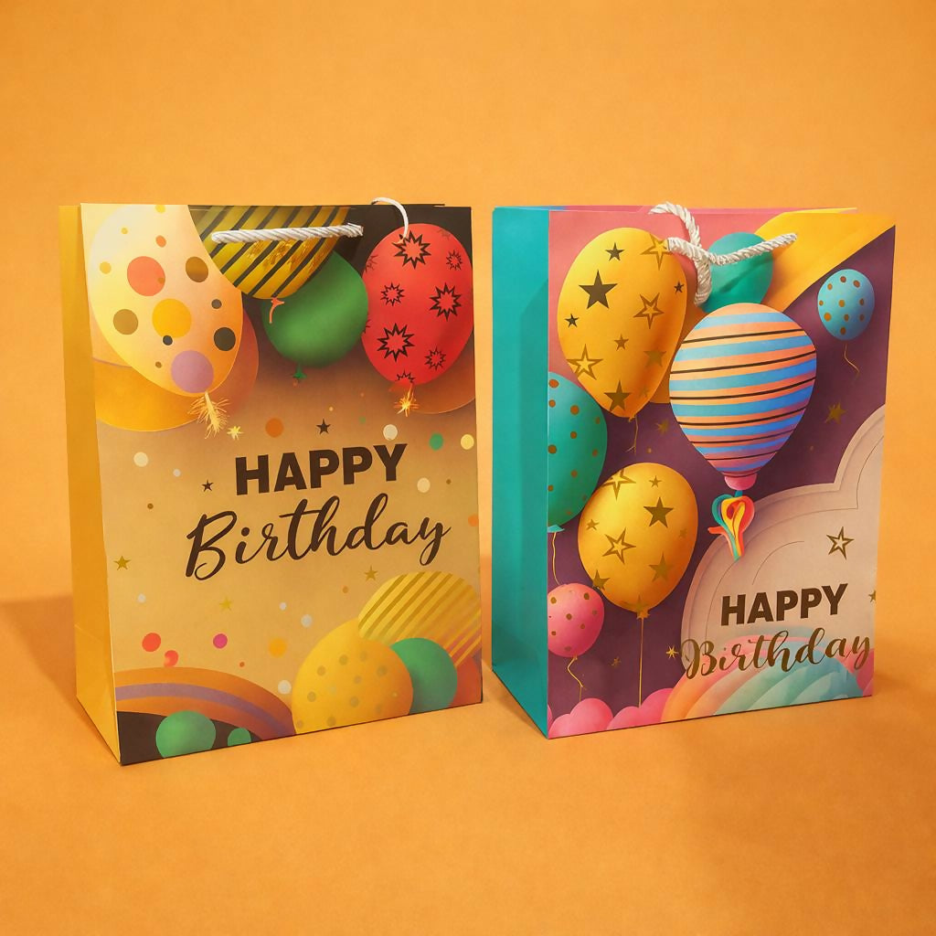 Happy Birthday gift bag with colorful balloons and gift illustrations
