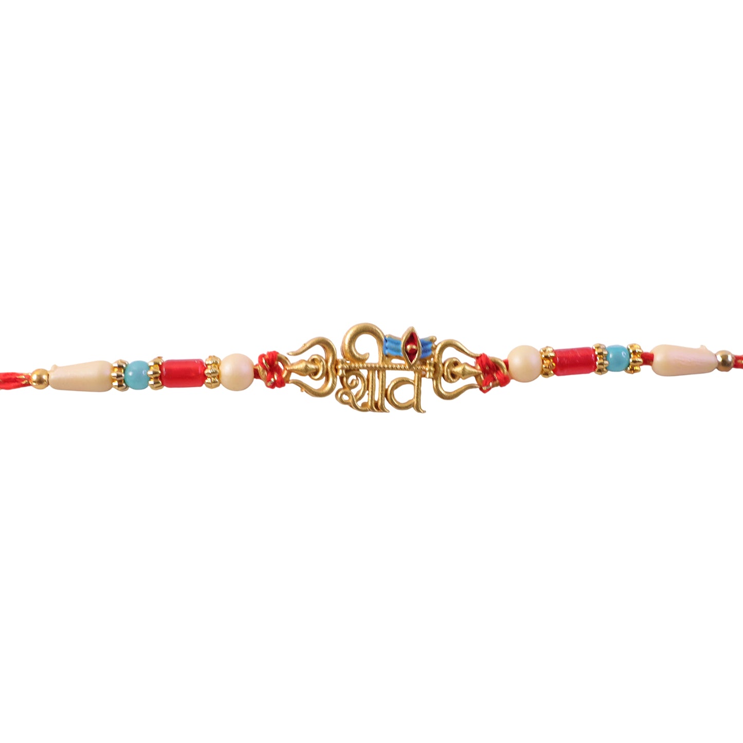 Shiv Script Pendant Rakhi with Blue Trishul Accent and Pearl Beads