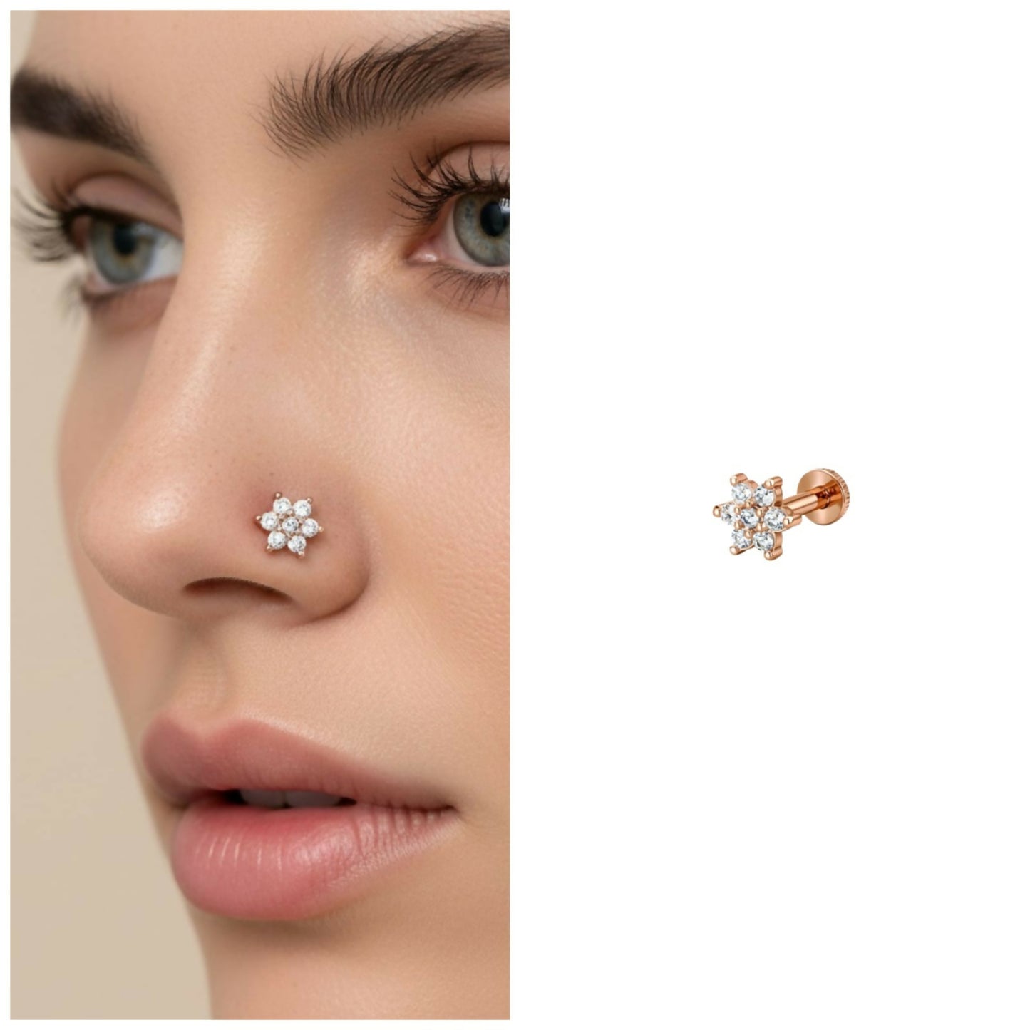Rose gold crystal flower nosepin stud front view showcasing sparkling crystals
