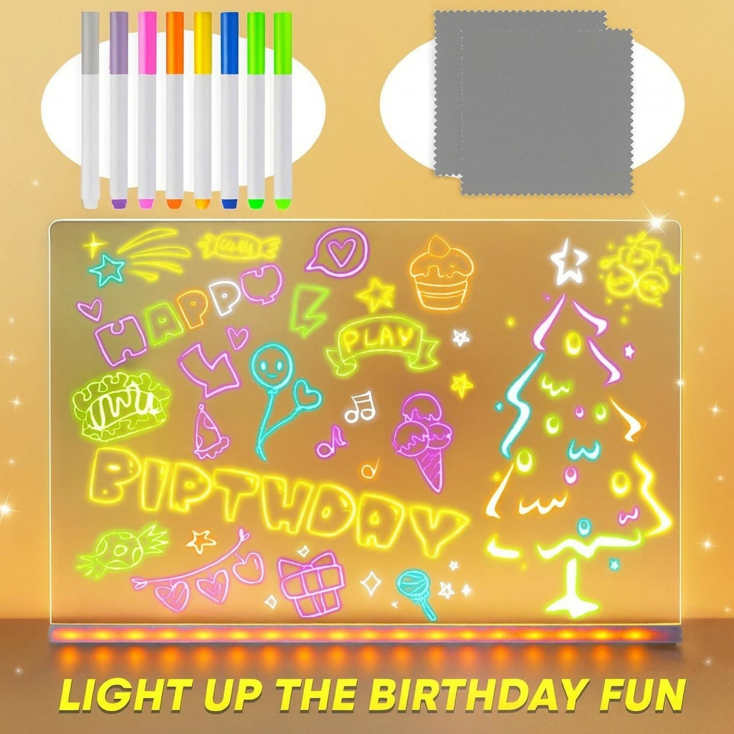 LED Message Writing Board 12x8 Inch with 7 Neon Color Markers, USB Powered Light Up Drawing Pad with Large Erasable Acrylic Surface for Kids, Party Decoration, Café Menu Display & Home Décor