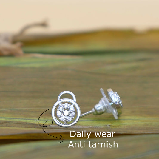 Silver Stud Earrings: Diamond-Look AD Circle Flower Design