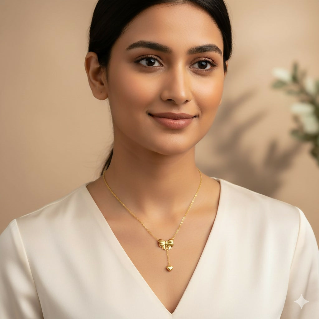 Heart Pendant Necklace for Women Delicate Chain with Bow & Heart Charm