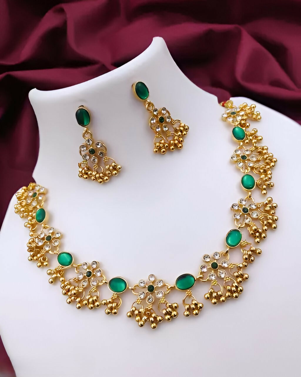 Elegant Gold-Plated Green Stone & Pearl Bridal Jewelry Set with Necklace, Earrings