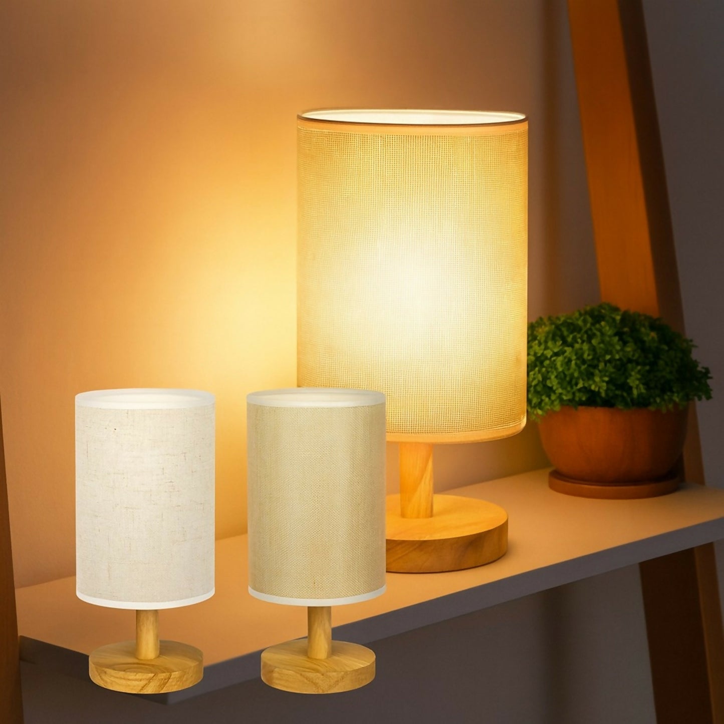 Modern Fabric Shade Wooden Table Lamp for Bedroom, Living Room & Study(CREAM)