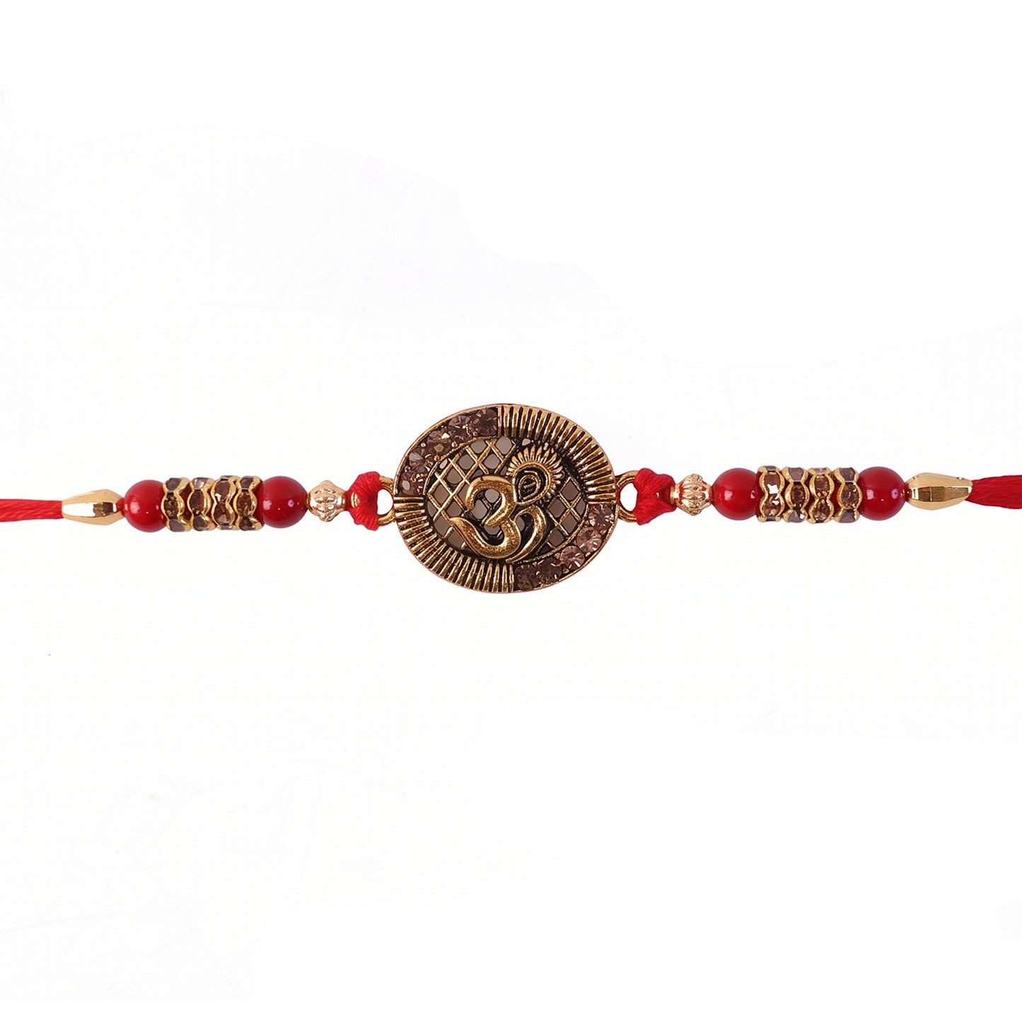 Antique Om Coin Rakhi with Rudraksha Beads and Red Thread