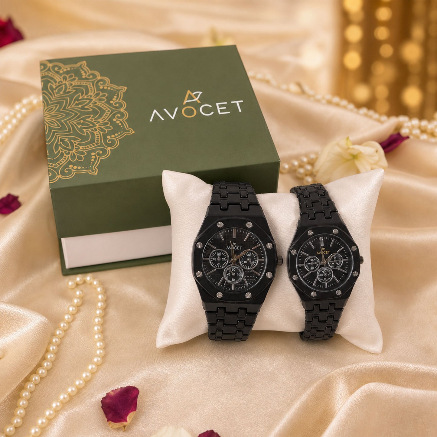 Black Dial Stainless Style Couple Watch Set with Matching Analog Design for Men Women