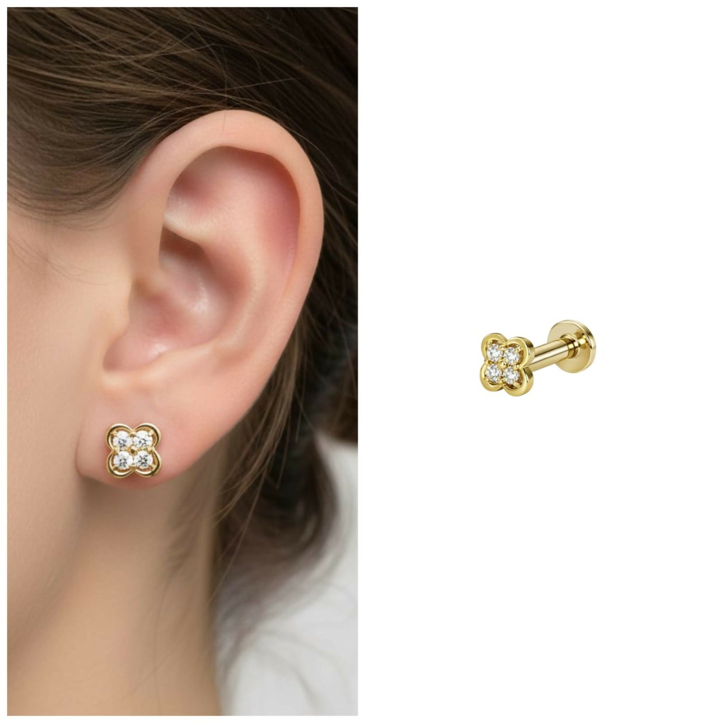 Gold plated four leaf clover flat back stud earring showing diamond accents