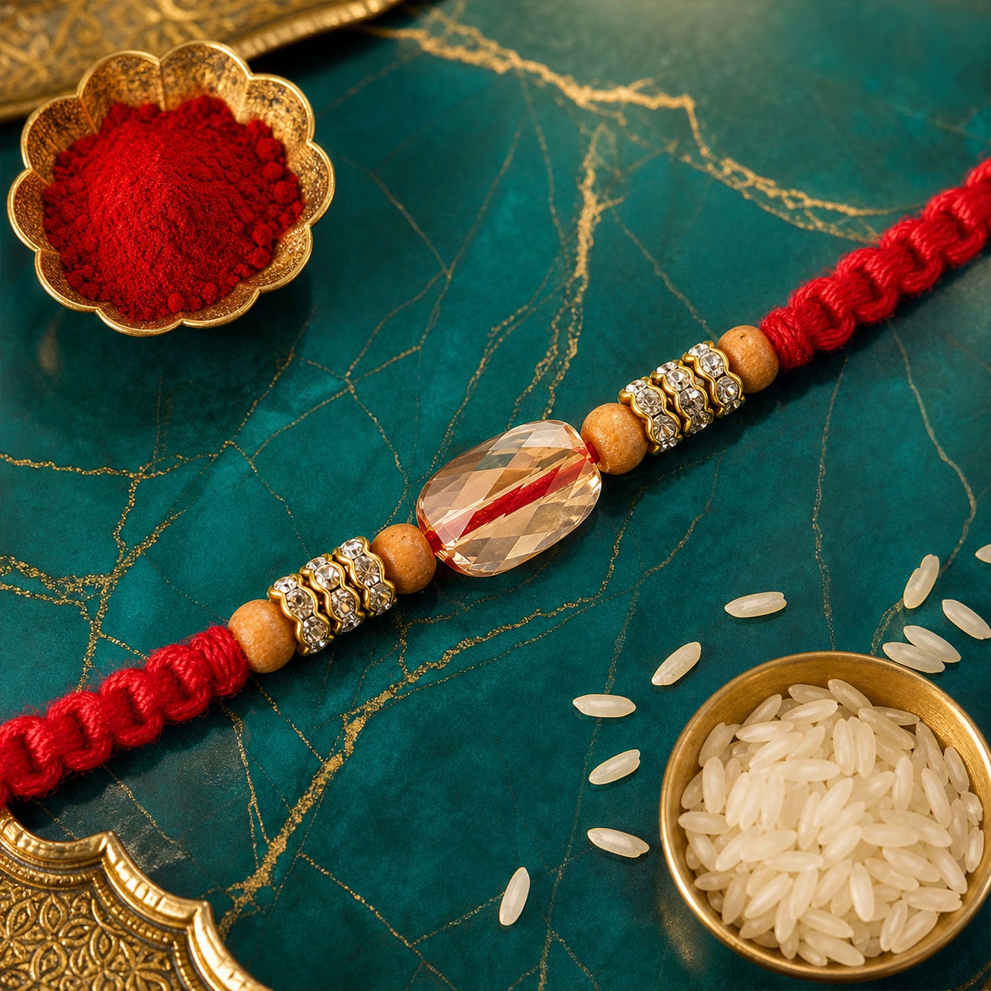 Red Thread Rakhi with Wooden Beads and a Sparkling Crystal Accent