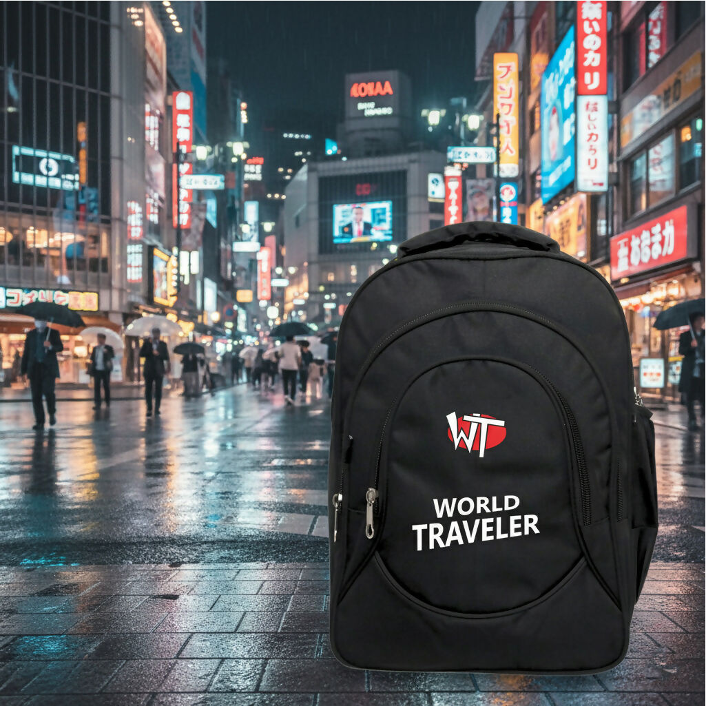 World Traveler Backpack – Lightweight Travel & Laptop Bag with Multi-Compartment Design, Durable Fabric, Black - Multicolor Logo