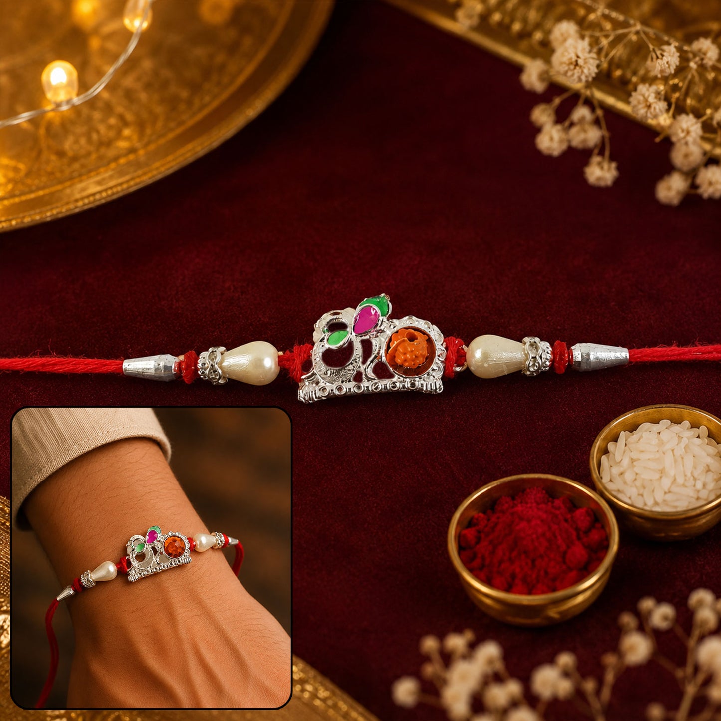 Red Gold Floral Om Rakhi with White Pearls and Orange Stone Center