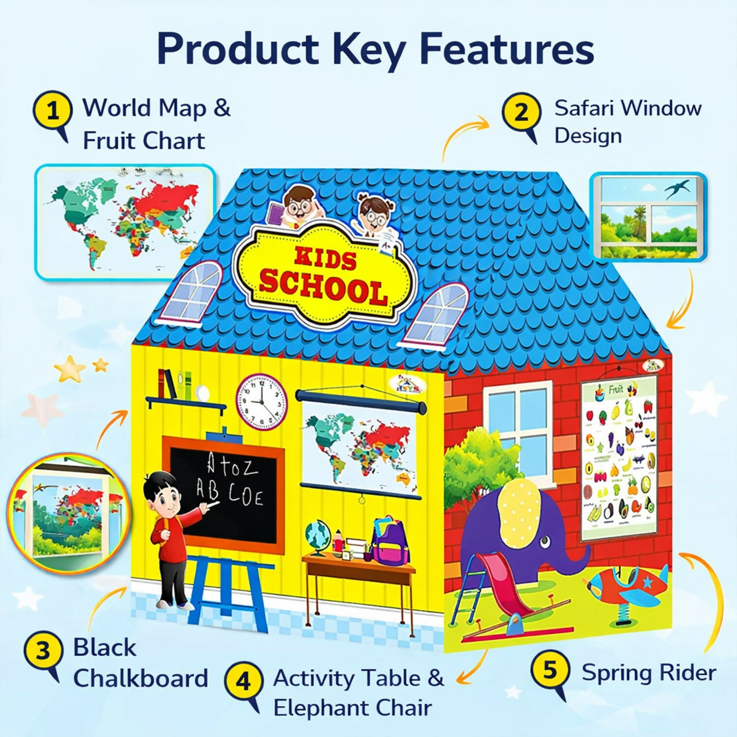 Kids School Play Tent House with Educational Charts & Blackboard Indoor Learning & Activity Play Tent for Children