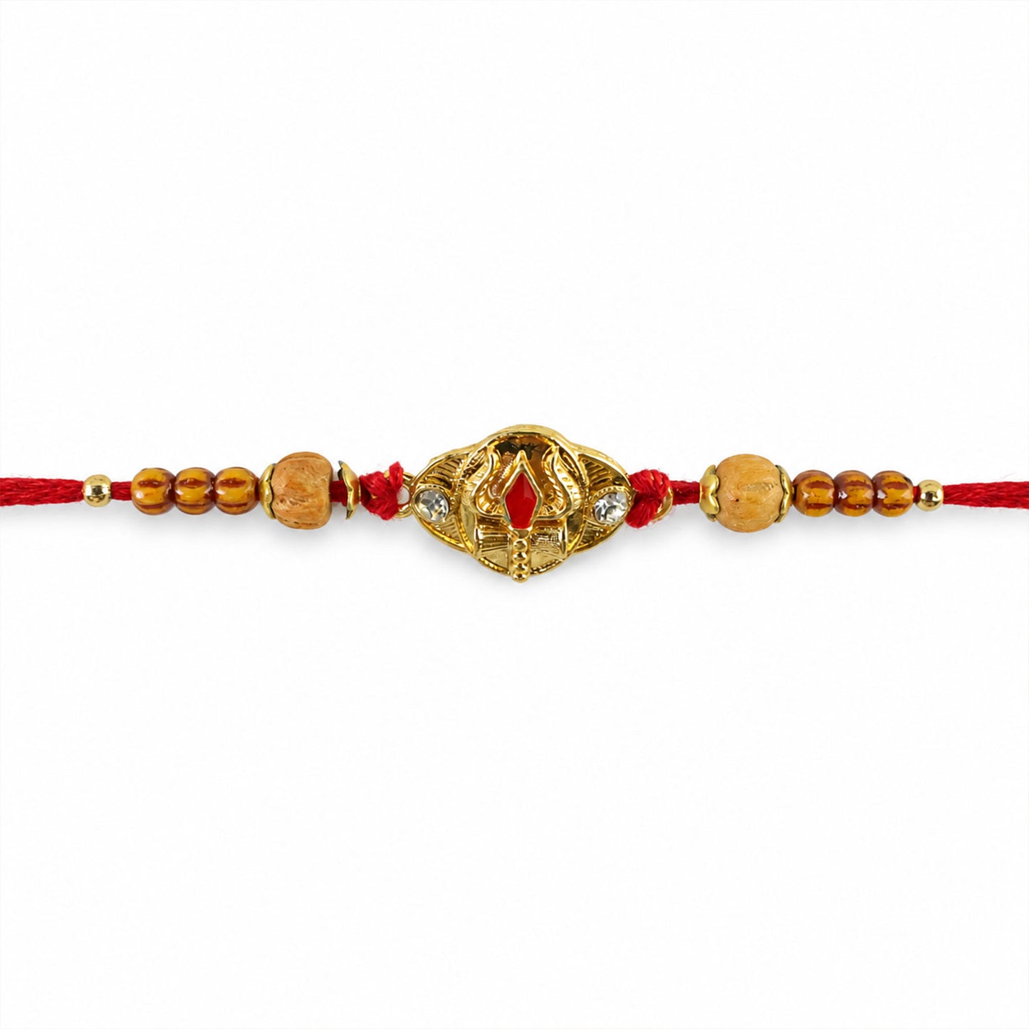 Tilak Trishul Golden Devotional Rakhi with Wooden Beads and Traditional Red Thread