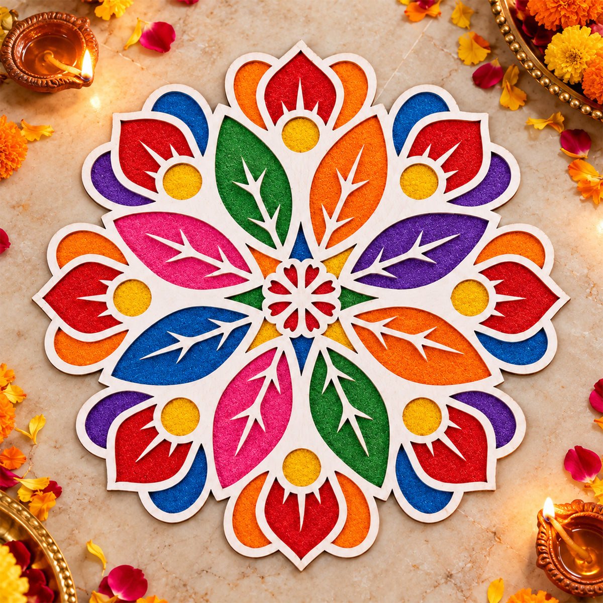A colorful rangoli design created using a white stencil, filled with bright red, blue, green, pink, orange, and purple