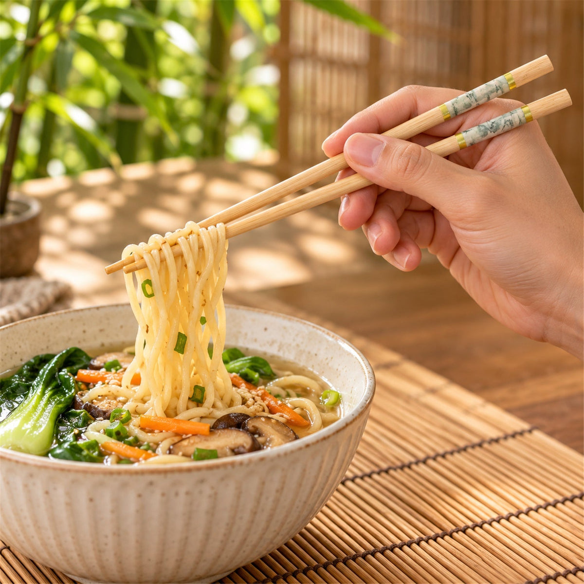 Bamboo Chopsticks with Decorative Bands for Noodles and Sushi Use (10 Pair)