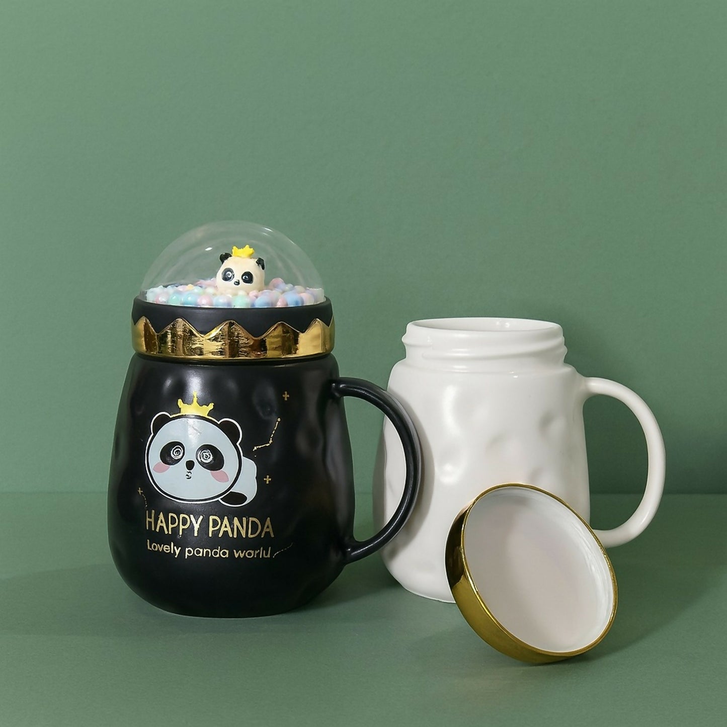 Happy Panda Ceramic Mug with Dome Lid & Golden Crown | Cute Gift for Kids & Girls