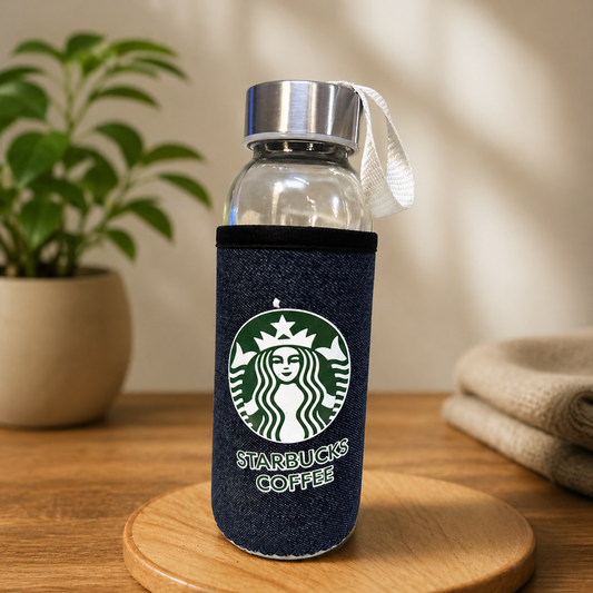 Glass water bottle with protective sleeve and strap front view