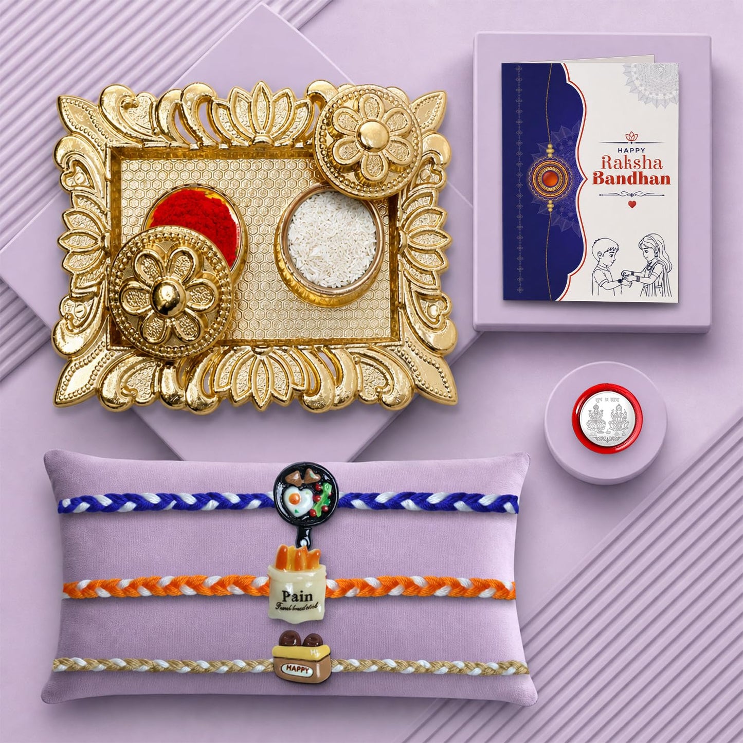 Food Rakhi for Brother with Pooja Thali, Roli Tikka, Pooja Coin & Card, Pack of 7