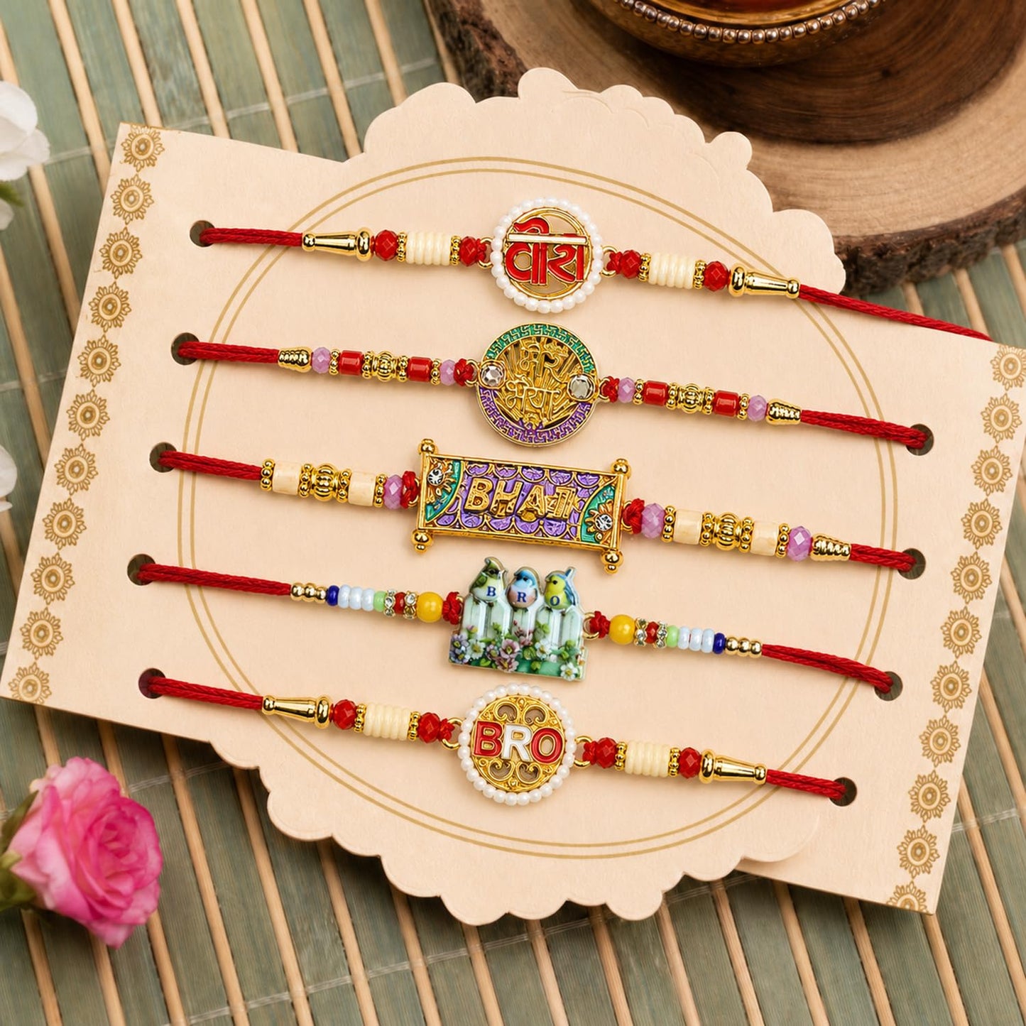 Stylish Charming Rakhi for Brother with Roli Tikka, Pooja Coin & Card, Pack of 8