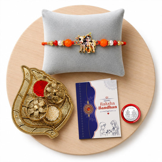 Krishna Cow Rakhi for Brother with Pooja Thali, Roli Tikka & Card, Pack of 5