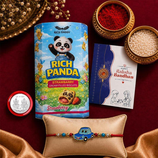 Kids Rakhi Combo with strawberry biscuit, roli chawal, pooja coin and greeting card.