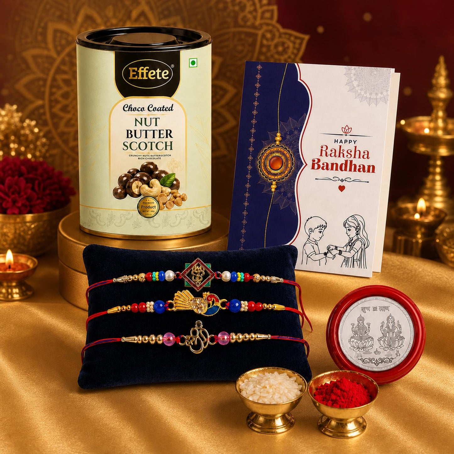 Ganesh Charm Rakhi for Brother with Butter Scotch 96gm, Coin & Card, Pack of 7