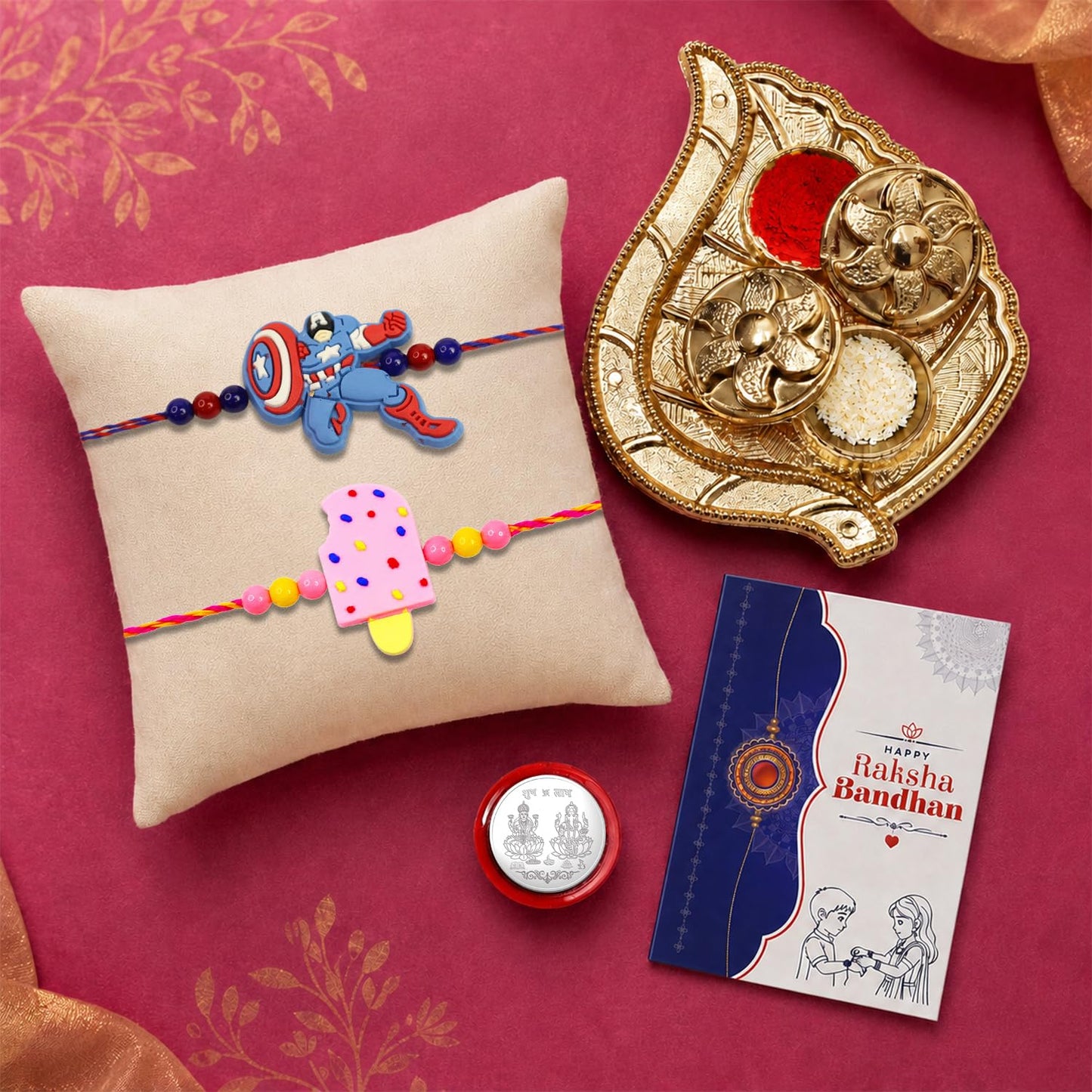 Superhero Rakhi for Brother with Pooja Thali, Roli Tikka & Card, Pack of 6